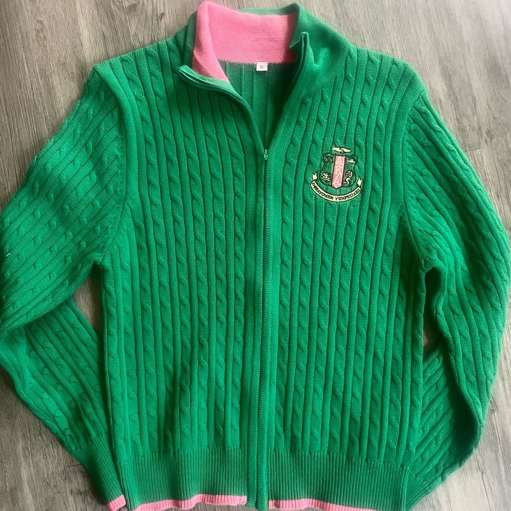 “Calling All AKA Sorority Members”   Green Cable Knit Zip Cardigan with Crest
